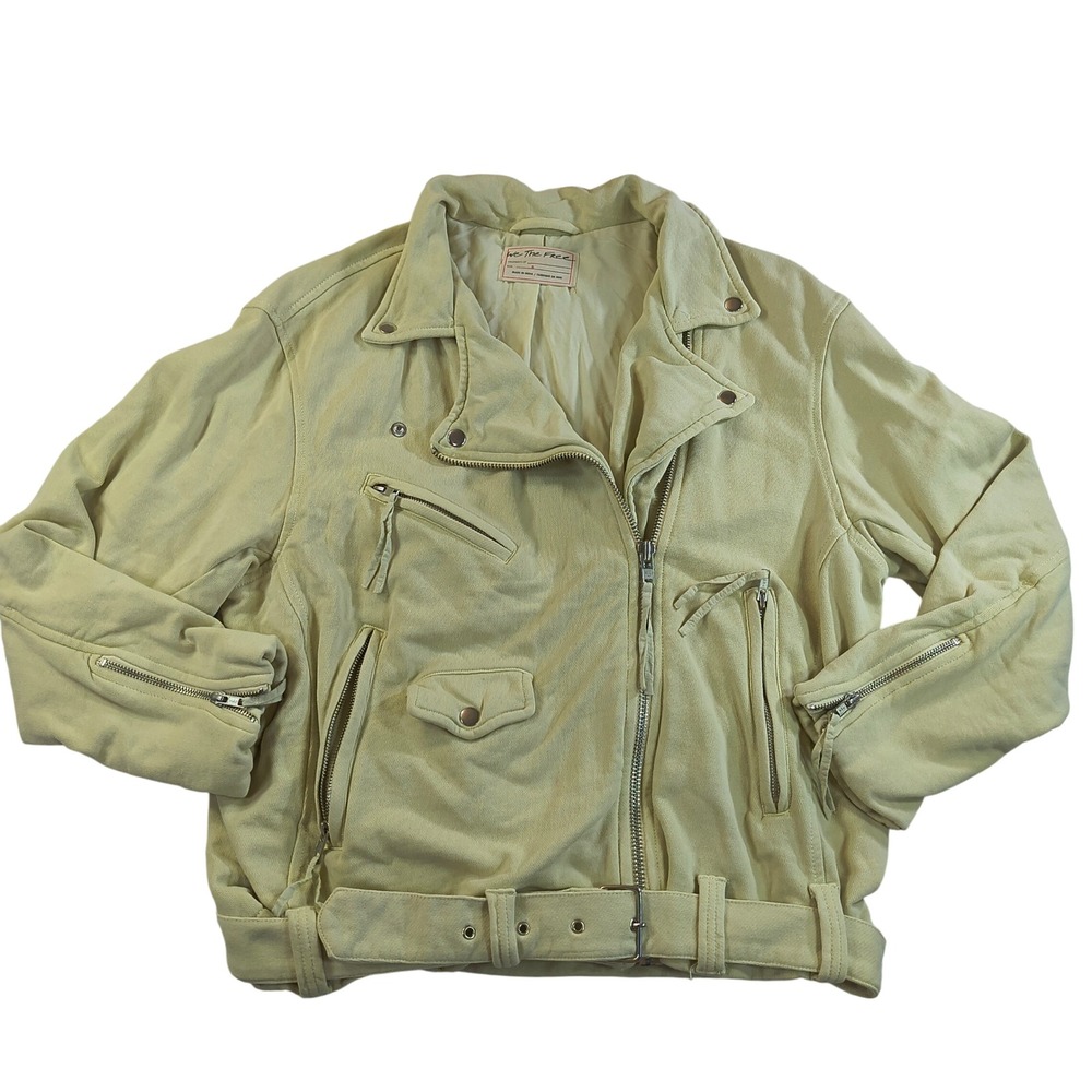 We The Free Free People Moto Jacket‎ S Beige Suede Look Belted Zip Boho Chic